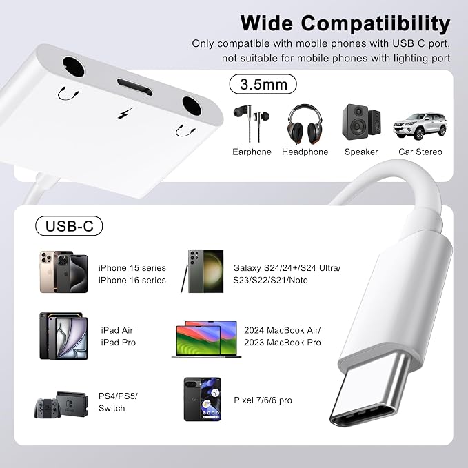USB C to 3.5mm Audio Adapter, 3 in 1 Aux to USB C Headphone Splitter Dual 3.5mm - Image 2