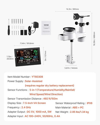 VEVOR 5-in-1 Wi-Fi Weather Station, 7.5-Inch VA Display, Wireless Solar Powered - Image 6
