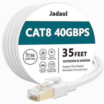 Jadaol Cat 8 Ethernet Cable 35 ft, 40Gbps 2000MHz Flat RJ45 S/FTP LAN Patch by Jadaol