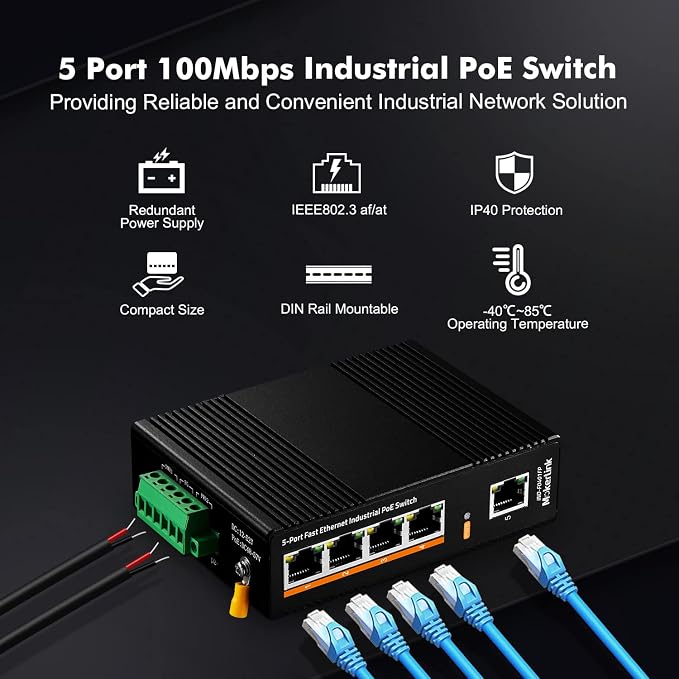 MokerLink 5 Port PoE Industrial DIN-Rail Network Switch, 60W IEEE802.3af/at PoE - Image 2