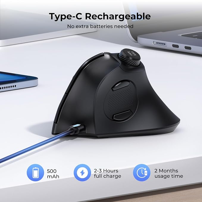 seenda Ergonomic Mouse Rechargeable, USB+Dual Bluetooth, MOU-302 Vertical - Image 5