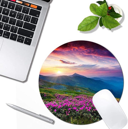 Nature Purple Flowers Meadow Mountain Scenic Mouse Pad Round Non-Slip Rubber - Image 4