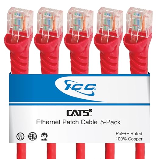 ICC CAT5e Ethernet Patch Cord 25 FT 5-Pack, UTP 24 AWG UL Listed, 100% Stranded by ICC
