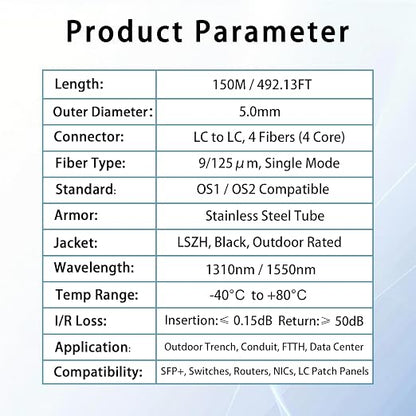 150M/492FT Outdoor Armored LC to LC Fiber Optic Cable, 4 Core OS2 Single Mode - Image 6