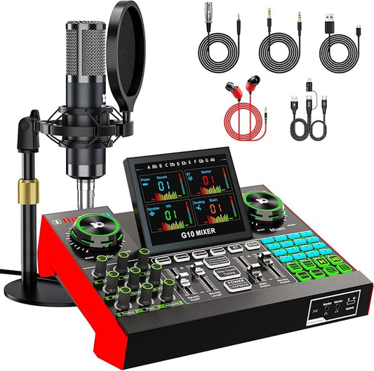 Podcast Microphone Bundle with Live Sound Board Audio Mixer, Podcast Equipment by tenlamp
