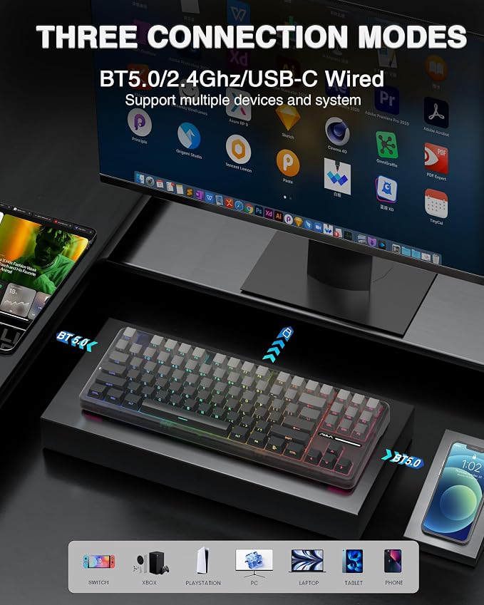 AULA F87 Pro Wireless Mechanical Keyboard, Tri-Mode BT5.0/2.4GHz/USB-C Hot - Image 3