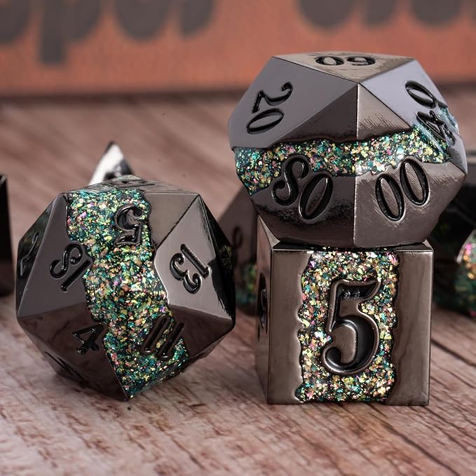 Black Glitter Metal Dice Set, Polyhedral Stripe DND Dice Set - Image 5