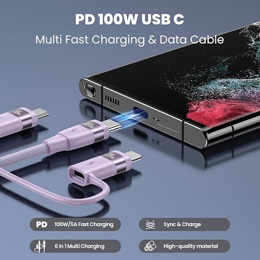 100W USB C Multi Charging Cable, USAMS 6.6FT 5-in-1 5A Fast Sync Charger - Image 2