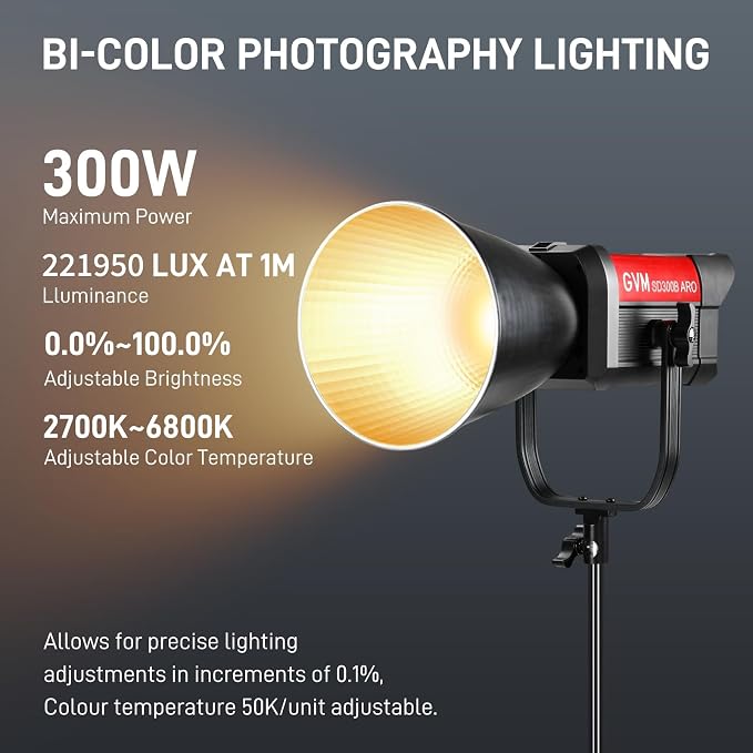 GVM 300W LED Video Light, 221950lux/1m, ARO SD300B Photography Lighting Kit - Image 2