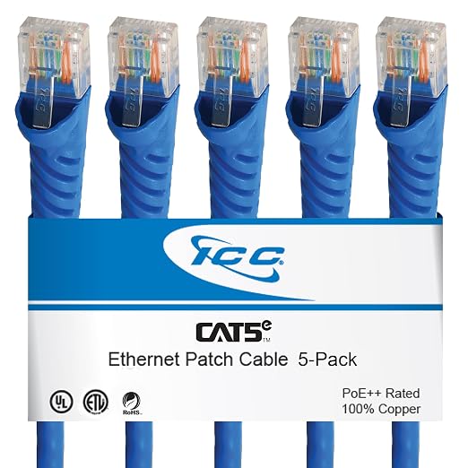 ICC CAT5e Ethernet Patch Cord 10 FT 5-Pack, UTP 24 AWG UL Listed, 100% Stranded by ICC