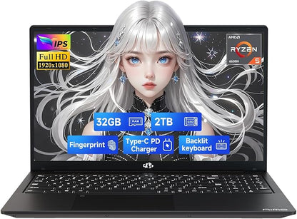 NIMO 15.6" IPS FHD-Gaming-Laptop, AMD Ryzen 5 6600H 6 Cores 32GB DDR5 RAM 2TB by Nimo