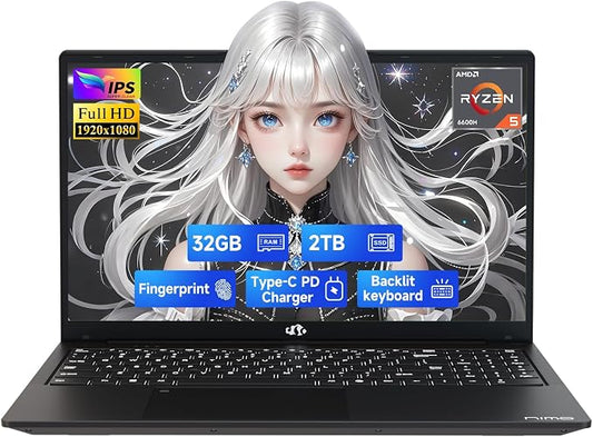 NIMO 15.6" IPS FHD-Gaming-Laptop, AMD Ryzen 5 6600H 6 Cores 32GB DDR5 RAM 2TB by Nimo
