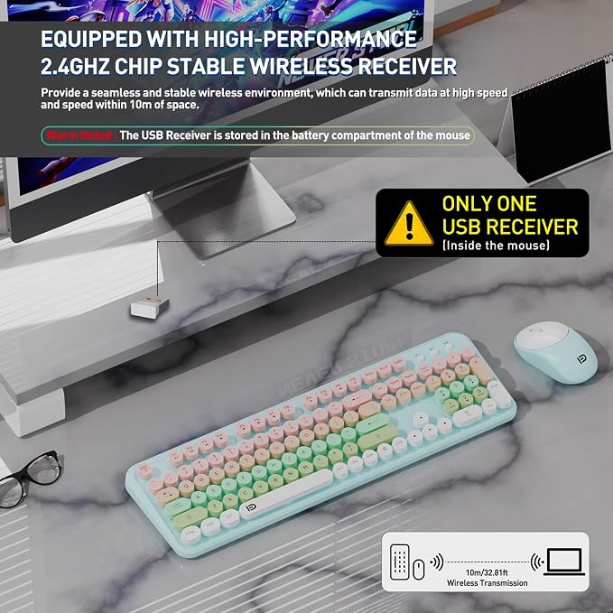 Wireless Keyboard and Mouse Set, 105 Round Keys Full-Size Cute Colorful - Image 3