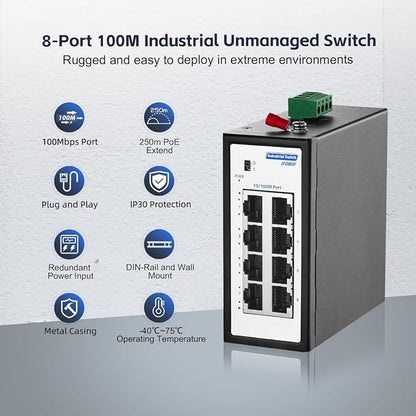 8 Port Mini Industrial Switch, 10/100Mbps Fast Ethernet, Din Rail & Wall Mount - Image 2