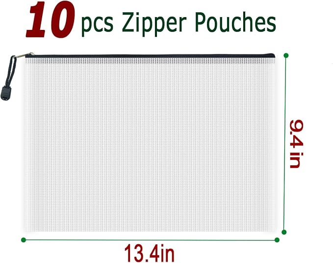 AUSTARK 10 Pcs Zipper File Bags, Waterproof Plastic Mesh Pouch - Image 2