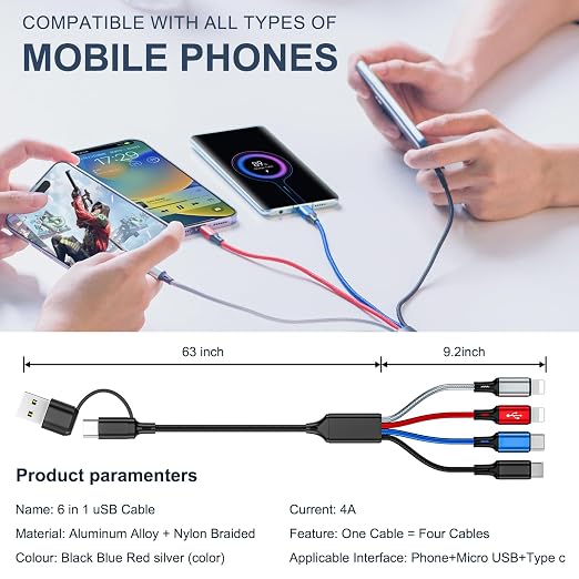 6 in 1 Multi Charging Cable 3Pack-6FT Multi USB Cable 3A Multi Charger Cable - Image 5