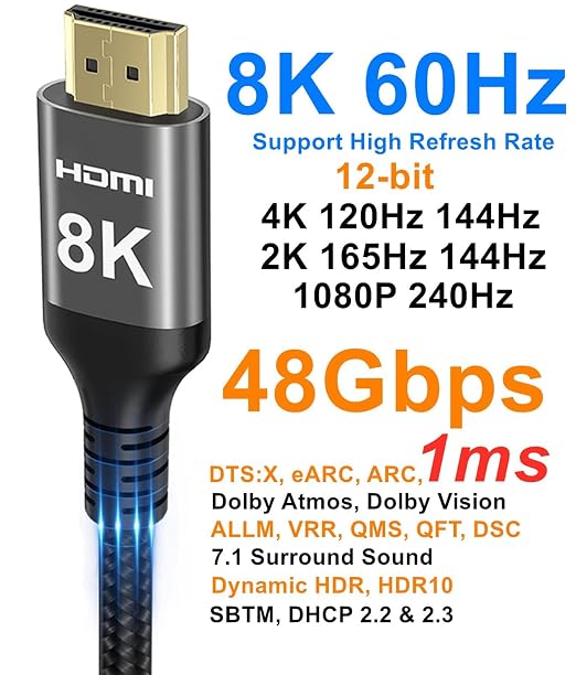8K HDMI Cable 48Gbps 65 FT, Nylon Braided High Speed HDMI® Cable 4k 120Hz 2k - Image 2
