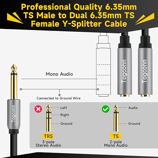 1/4 inch TS Mono Splitter Y Adapter, 6.35mm Mono Male to Dual 6.35 mm TS Mono - Image 3