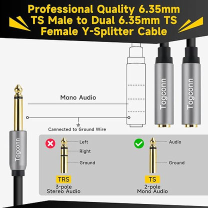 1/4 inch TS Mono Splitter Y Adapter, 6.35mm Mono Male to Dual 6.35 mm TS Mono - Image 3