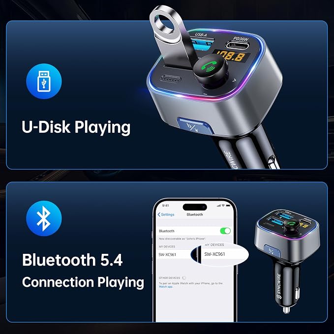 Syncwire Bluetooth 5.4 FM Transmitter Car Adapter 48W Wireless Radio Music - Image 6