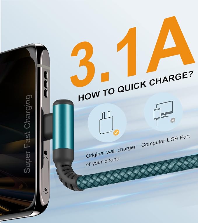 sweguard USB Type C Charger Cable Right Angle iPhone 16 Charger Nylon Braided - Image 3