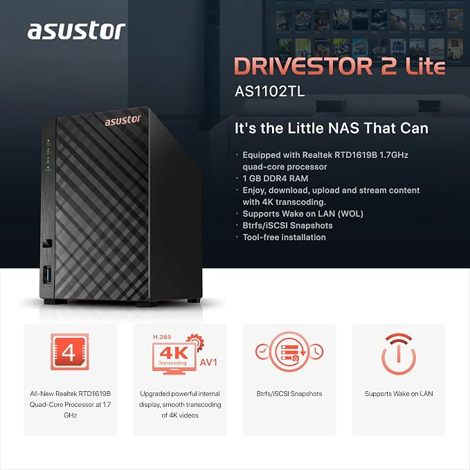 Asustor Drivestor 2 Lite AS1102TL, 2 Bay NAS, 1.7GHz Quad Core, 1GbE Port - Image 4