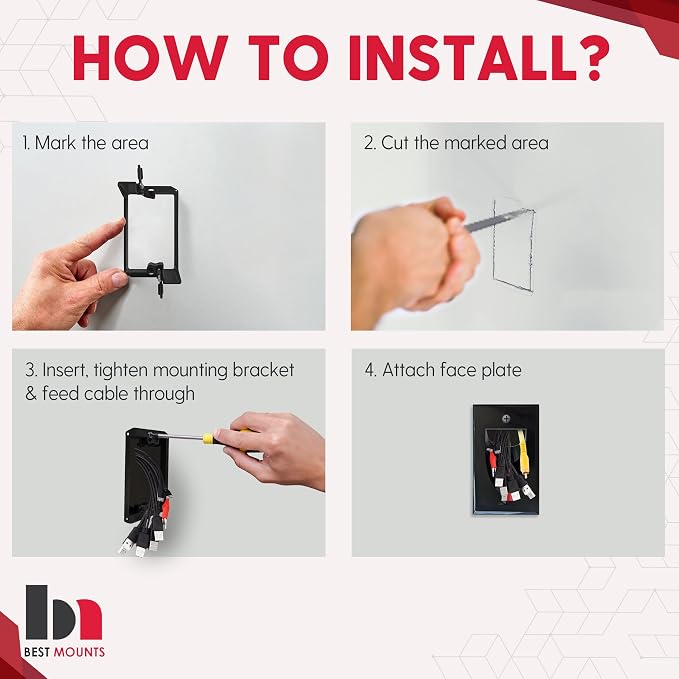 BestMounts - 1 Pack In Wall Cable Management Kit - Recessed Wall Plate Cable - Image 7