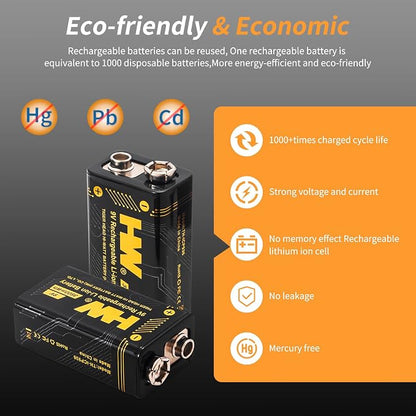 HW 9V Batteries， 3600mWh Rechargeable 9 Volt Battery - Image 6