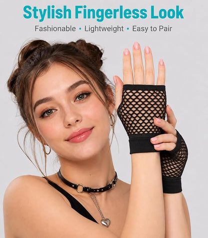 Seeksmile Women's Girls 80's Theme Party Emo Fingerless Arm Fishnet Gloves - Image 3