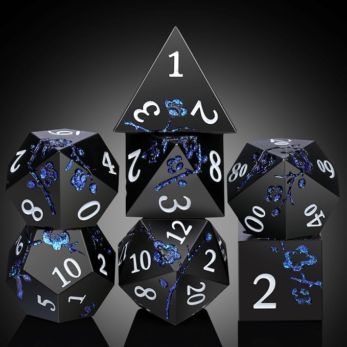 Glitter Blue D&D Metal Dice, DNDND 7 PCS Flower Metallic DND Dice Set - Image 6