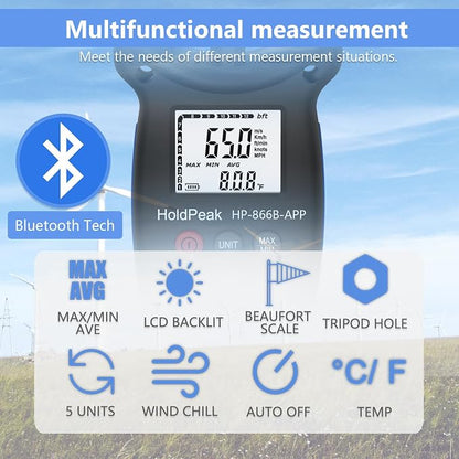 HoldPeak Handheld Anemometer Bluetooth, Digital Wind Speed Gauge Meter - Image 3