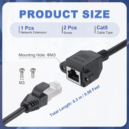MECCANIXITY Cat5 Ethernet Extension Cable, 1Ft RJ45 Male to Female Screw Panel - Image 2