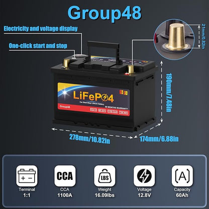 Lithium Start-Stop Car Battery GROUP 48, 12.8V 60Ah 1100CCA LiFePO4 Automotive - Image 3