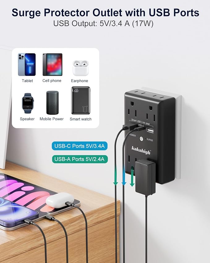 Black Wall Power Strip, 8 Way Outlets - Image 3
