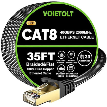 Cat 8 Ethernet Cable 35 FT Flat, High Speed 40Gbps 2000Mhz Braided Internet by EthernetCable