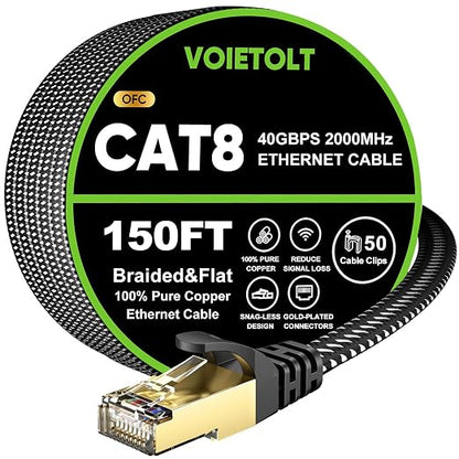 Cat 8 Ethernet Cable 150 FT Flat, High Speed 40Gbps 2000Mhz Braided Internet by EthernetCable