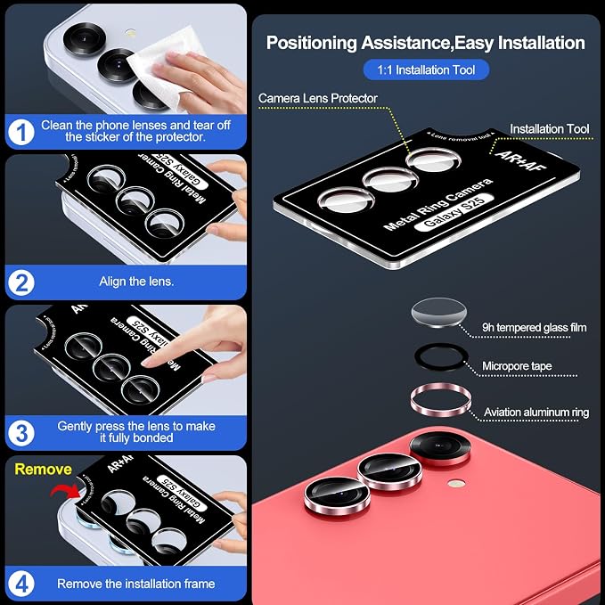 for Samsung Galaxy S25 Camera Lens Protector, Individual Metal Ring Tempered - Image 6