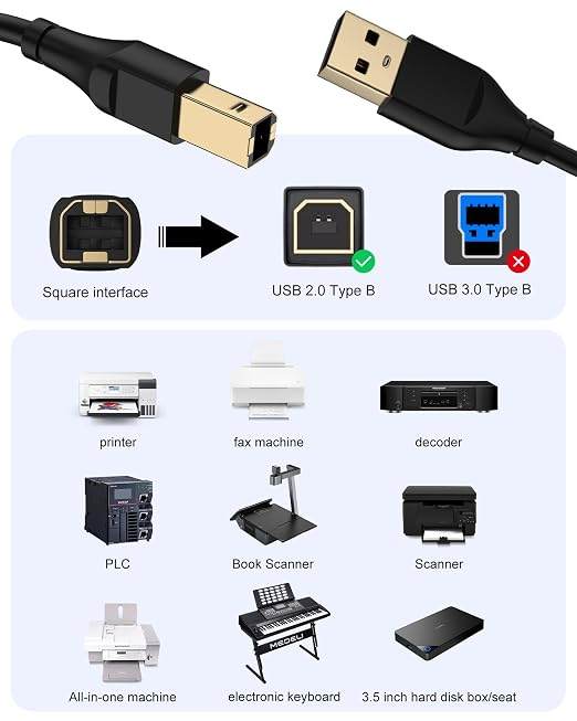 HP Printer Cable 10ft, Square USB A to USB B Cable - Image 7