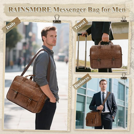 RAINSMORE Messenger Bag for Men 16 Inch Laptop Bag Vintage Leather Waterproof - Image 2