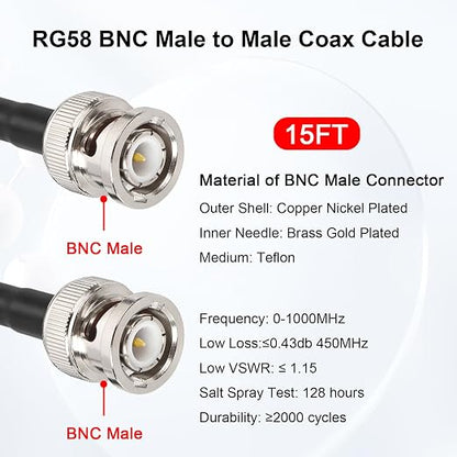 MOOKEERF 15FT RG58 50 ohm BNC Male to Male Coax Cable - Image 2