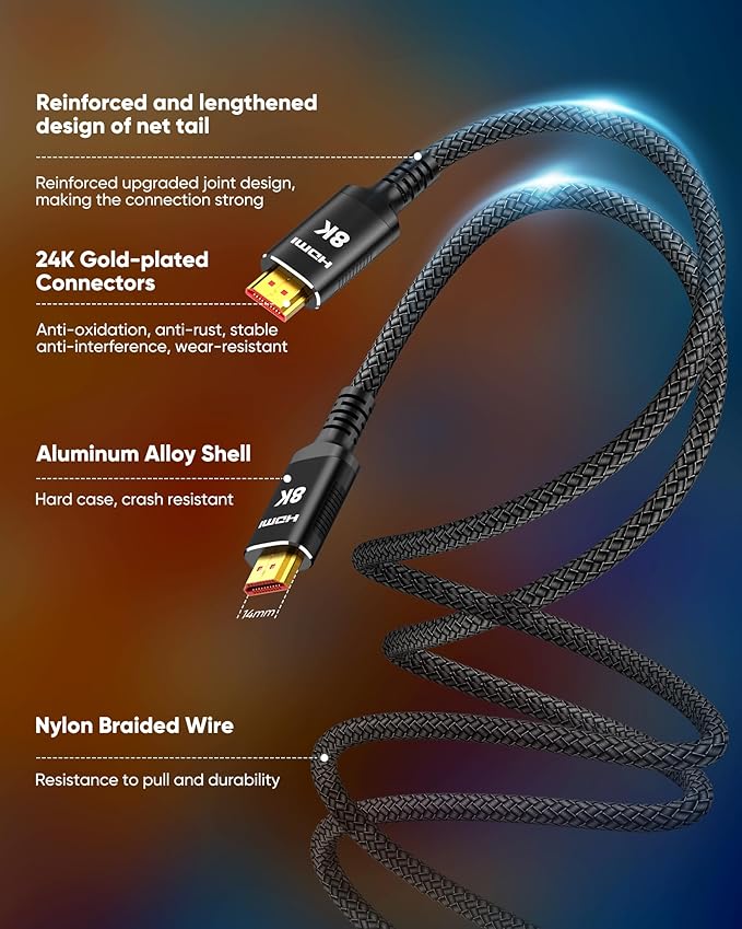 Snowkids 8K Certified HDMI 2.1 Cable 10 ft, Non-Slip Nylon Braided, 48Gbps - Image 5