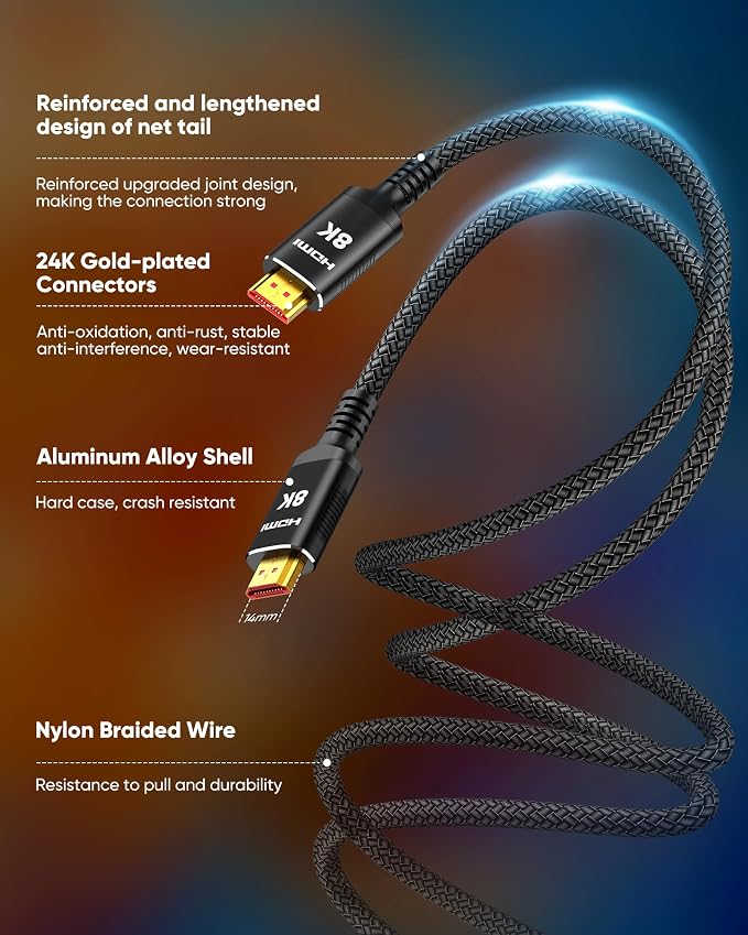 Snowkids 8K HDMI 2.1 Cable 5 ft, Non-Slip Nylon Braided, 48Gbps Ultra - Image 4