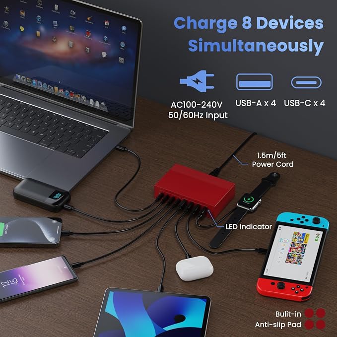 200W USB C Charger Block, 8-in-1 GaN III USB C Charger Fast Charging Station Hub - Image 6
