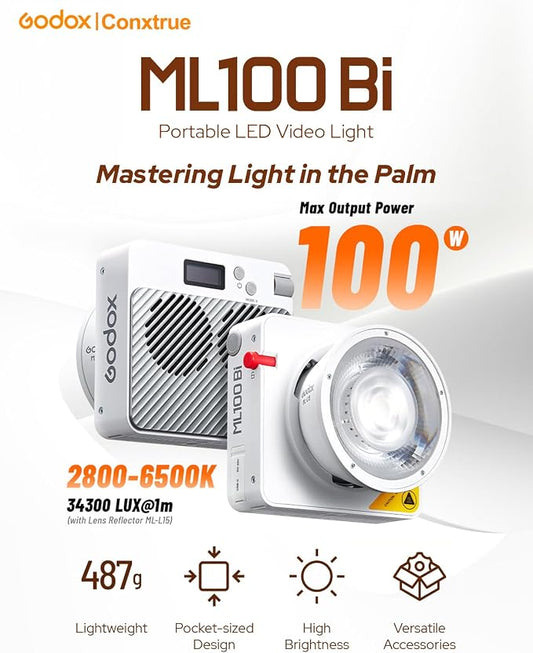 Godox ML100Bi 120W Bi-Color LED Video Light, 2800K-6500K COB Continuous Output - Image 2