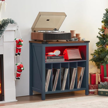 Large Record Player Stand with Charging Station & LED Lights, Vinyl Records - Image 4
