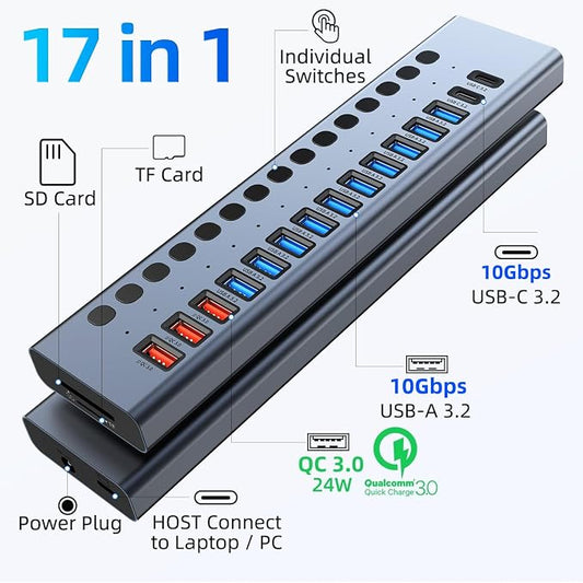 Powered USB Hub 10Gbps, 17 Ports 96W USB 3.2 Hub, 12V/8A Power Adapter - Image 2