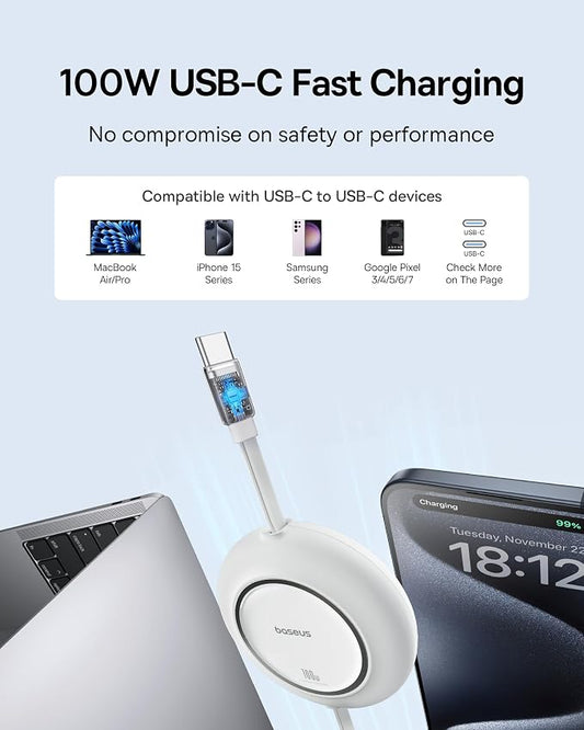 Baseus USB C to USB C Cable, 100W 6.6ft Retractable USB C Fast Charging Cable - Image 2