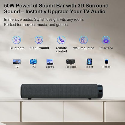 Sound Bar for Smart TV, Surround Sound System for TV – 50W Bluetooth Soundbar - Image 2