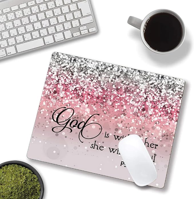 Mouse Pad, Bible Verse Pink Sparkles Glitter Mouse pad, Square Waterproof Mouse - Image 4