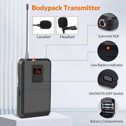 200-Channel Wireless Microphone, Wireless Lavalier Microphone Dual UHF Bodypack - Image 3
